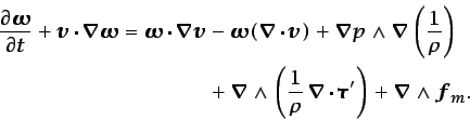 \begin{displaymath}\begin{split}\frac{\partial\vec{\omega}}{\partial t} + \vec{v...
...ot\vec{\tau}'\right) + \vec{\nabla}\wedge\vec{f}_m. \end{split}\end{displaymath}